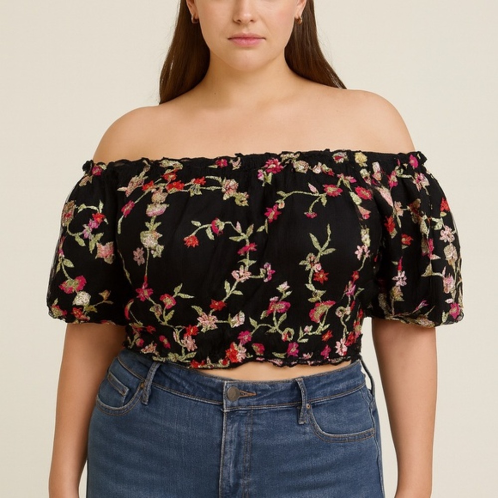 Ambiance Black Floral Off-Shoulder Crop Top Size L